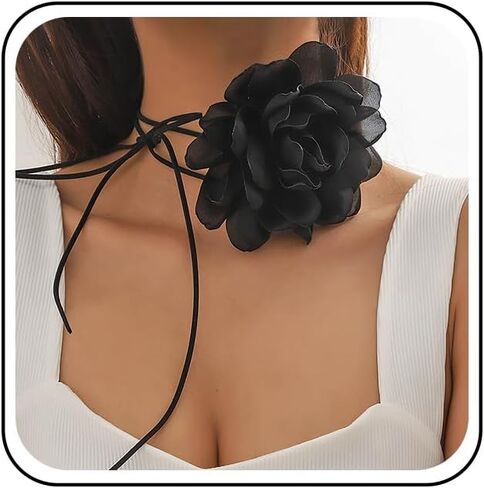 Sttiafay Large Flower Choker Necklace Rose Flower Velvet Necklace Black Big Rose Choker Necklace Goth Black Flower Collar Necklace Long Wrap Suede Necklace Jewelry for Women in Saudi Arabia