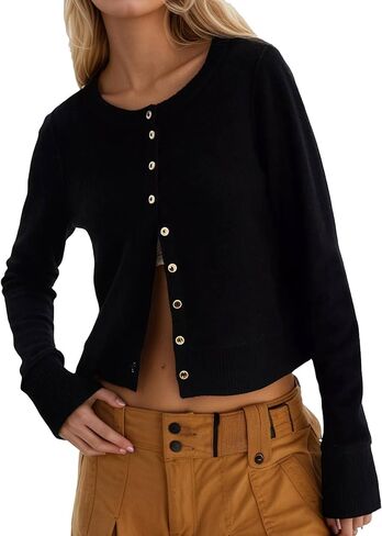 سترة صوفية نسائية مقصوصة من TIKITIDES سترة صوفية بأكمام طويلة وزر سفلي وأصفاد مضلعة ملابس شتوية عصرية 2025 in Kuwait