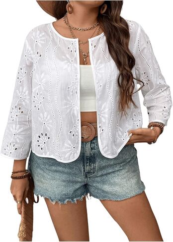 OYOANGLE Women's Plus Size Eyelet Embroidery Long Sleeve Cardigans Open Front Shrug Outerwear in Saudi Arabia