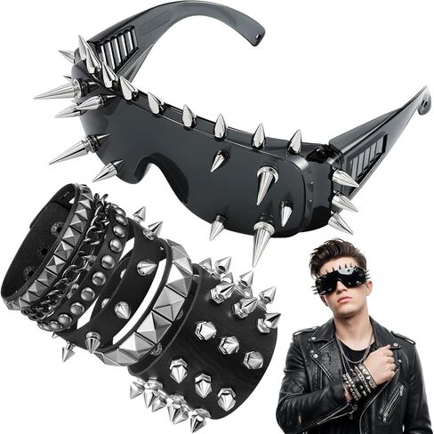 Saysurey 5 Pcs Punk Spike Sunglasses Leather Rivet Bracelets Set, Gothic Rock Sunglasses Y2k Emo Studded Bracelet Accessories for Halloween Cosplay Club Party Costume in Saudi Arabia