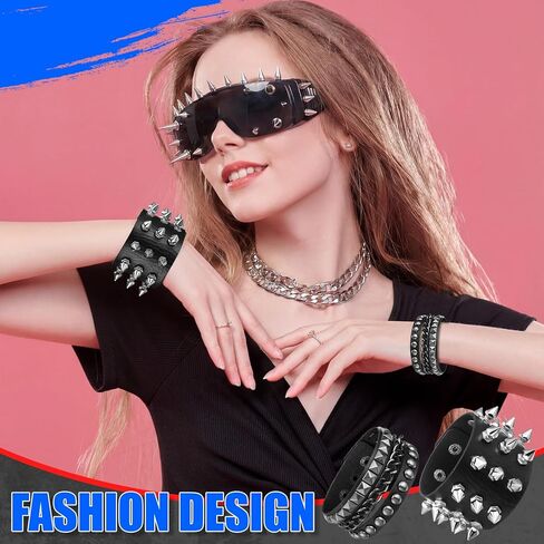 Saysurey 5 Pcs Punk Spike Sunglasses Leather Rivet Bracelets Set, Gothic Rock Sunglasses Y2k Emo Studded Bracelet Accessories for Halloween Cosplay Club Party Costume in Saudi Arabia