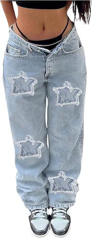 SweatyRocks Women's Casual Straight Leg Jeans Y2K Star Patchwork Denim Pants Streetwear in Saudi Arabia