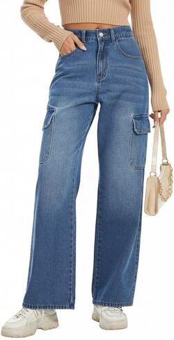Women's Waisted Cargo Jeans for Women with 6 Pockets Straight Wide Leg Denim Pants Casual Baggy Jeans in Saudi Arabia
