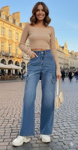 Women's Waisted Cargo Jeans for Women with 6 Pockets Straight Wide Leg Denim Pants Casual Baggy Jeans in Saudi Arabia
