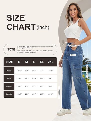 Women's Waisted Cargo Jeans for Women with 6 Pockets Straight Wide Leg Denim Pants Casual Baggy Jeans in Saudi Arabia