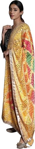 Exotic India Phulkari Embroidered Dupatta from Punjab with Mirrors and Gota Patti Border - Art Silk in Kuwait