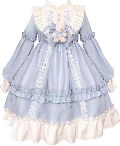 Sweet Girly Bear Bow Lolita Dress - Retro Lolita Long-Sleeve Lace Ruffle Princess Dress in Saudi Arabia