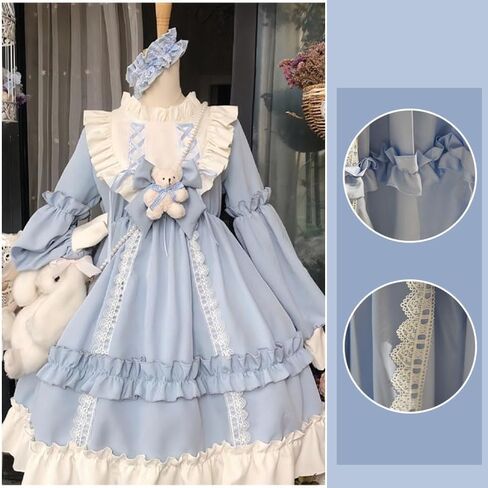 Sweet Girly Bear Bow Lolita Dress - Retro Lolita Long-Sleeve Lace Ruffle Princess Dress in Saudi Arabia