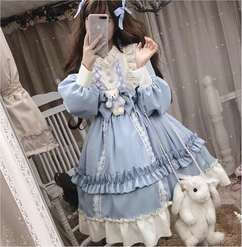 Sweet Girly Bear Bow Lolita Dress - Retro Lolita Long-Sleeve Lace Ruffle Princess Dress in Saudi Arabia