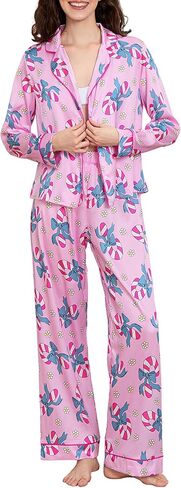 Ensswliz عيد الميلاد منامة للنساء ربطة القوس فيونكة طويلة الأكمام قميص السراويل الساتان الحرير عيد الميلاد الجرافيك 2 قطعة Pjs مجموعة ملابس خاصة in Kuwait