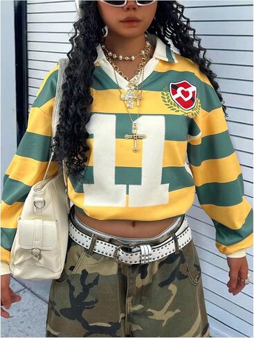 Floerns Women's Number Jersey Shirts Long Sleeve Striped Fall Outfit Y2k Sweatshirt in Saudi Arabia