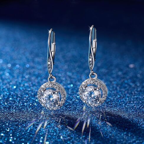 Moissanite Drop Earrings for Women, 18K White Gold Plated 925 Sterling Silver Dangle Leverback Earrings, Hypoallergenic Dainty 1.0ct-2.0ct D Color Simulated Diamond Jewelry Gifts for Mom Her Birthday in Saudi Arabia