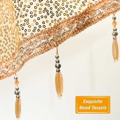 Home Queen Sequin Valance Curtain with Beaded Tassel Trim, Sheer Triangle Window Treatment for Kitchen, Living Room, Bedroom, Holiday Decor, 51"x21", 1 Panel, Gold in Saudi Arabia