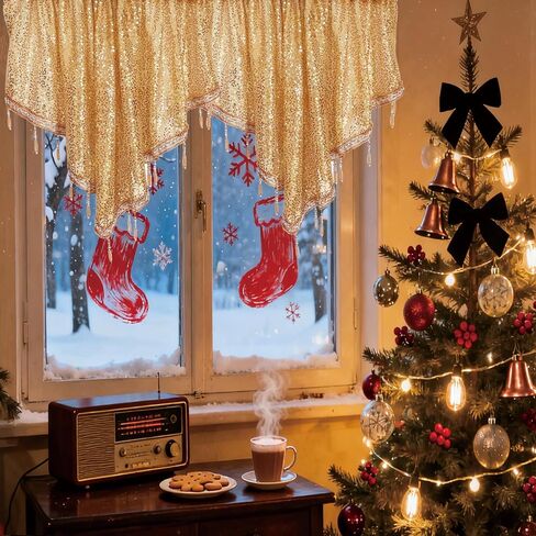 Home Queen Sequin Valance Curtain with Beaded Tassel Trim, Sheer Triangle Window Treatment for Kitchen, Living Room, Bedroom, Holiday Decor, 51"x21", 1 Panel, Gold in Saudi Arabia