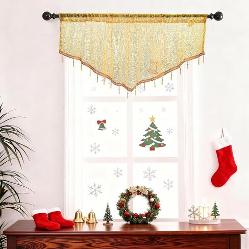 Home Queen Sequin Valance Curtain with Beaded Tassel Trim, Sheer Triangle Window Treatment for Kitchen, Living Room, Bedroom, Holiday Decor, 51"x21", 1 Panel, Gold in Saudi Arabia