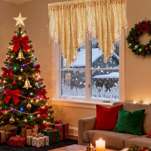 Home Queen Sequin Valance Curtain with Beaded Tassel Trim, Sheer Triangle Window Treatment for Kitchen, Living Room, Bedroom, Holiday Decor, 51"x21", 1 Panel, Gold in Saudi Arabia