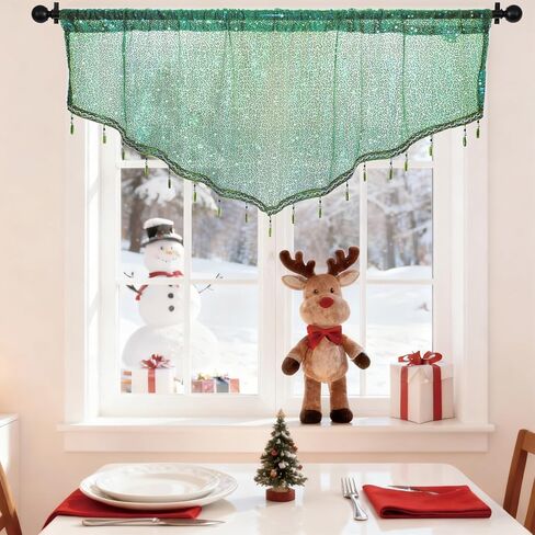 Home Queen Sequin Valance Curtain with Beaded Tassel Trim, Sheer Triangle Window Treatment for Kitchen, Living Room, Bedroom, Holiday Decor, 51"x21", 1 Panel, Gold in Saudi Arabia