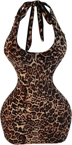 SweatyRocks Women's Leopard Print Halter Dress Backless Bodycon Mini Club Party Cheetah Dresses in Kuwait