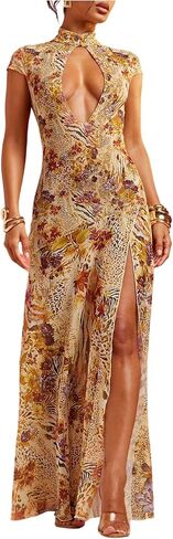 GORGLITTER Women’s Animal Print Dress Mock Neck Thigh Slit Cap Sleeve Maxi Evening Gown in Kuwait