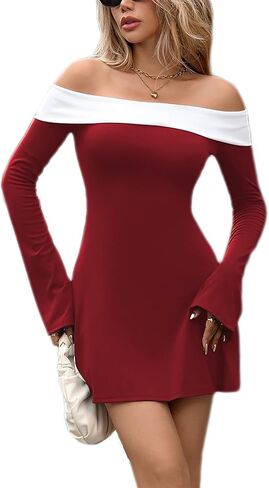 Women's Off The Shoulder Mini Dress Bell Long Sleeve A Line Flared Going Out Club Bowknot Cocktai Party Dresses Y43 in Saudi Arabia