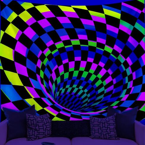 WEBEEDY Black Light 3D Wall Tapestry for Bedroom, 3D Illusion Glow in The Dark Wall Hanging Backdrop UV Reactive Cool Checkerboard Poster Decoration for Gamer Living Room Dorm Gaming Room (59"x51") in Saudi Arabia