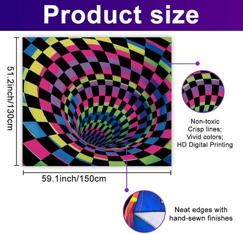WEBEEDY Black Light 3D Wall Tapestry for Bedroom, 3D Illusion Glow in The Dark Wall Hanging Backdrop UV Reactive Cool Checkerboard Poster Decoration for Gamer Living Room Dorm Gaming Room (59"x51") in Saudi Arabia