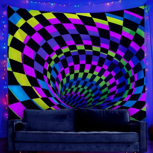 WEBEEDY Black Light 3D Wall Tapestry for Bedroom, 3D Illusion Glow in The Dark Wall Hanging Backdrop UV Reactive Cool Checkerboard Poster Decoration for Gamer Living Room Dorm Gaming Room (59"x51") in Saudi Arabia