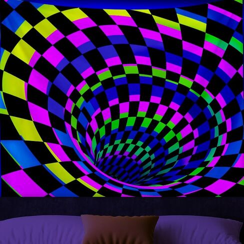 WEBEEDY Black Light 3D Wall Tapestry for Bedroom, 3D Illusion Glow in The Dark Wall Hanging Backdrop UV Reactive Cool Checkerboard Poster Decoration for Gamer Living Room Dorm Gaming Room (59"x51") in Saudi Arabia