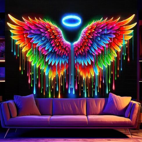 BlissYard Blacklight نسيج أجنحة الملاك ضوء أسود معلق خلفية متوهجة في الظلام ملصق فراشة جدار الأشعة فوق البنفسجية نسيج لغرفة النوم ديكور غرفة المعيشة العمل الفني غرفة المنزل ديكور خلفية الحفلات 78 × 59 بوصة in Kuwait