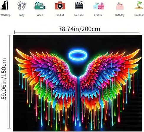 BlissYard Blacklight نسيج أجنحة الملاك ضوء أسود معلق خلفية متوهجة في الظلام ملصق فراشة جدار الأشعة فوق البنفسجية نسيج لغرفة النوم ديكور غرفة المعيشة العمل الفني غرفة المنزل ديكور خلفية الحفلات 78 × 59 بوصة in Kuwait