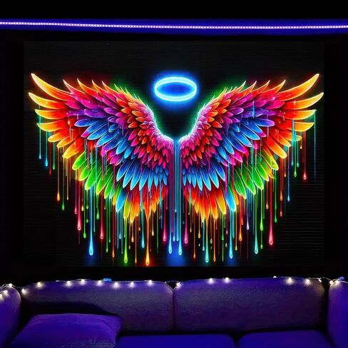 BlissYard Blacklight نسيج أجنحة الملاك ضوء أسود معلق خلفية متوهجة في الظلام ملصق فراشة جدار الأشعة فوق البنفسجية نسيج لغرفة النوم ديكور غرفة المعيشة العمل الفني غرفة المنزل ديكور خلفية الحفلات 78 × 59 بوصة in Kuwait