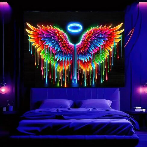 BlissYard Blacklight نسيج أجنحة الملاك ضوء أسود معلق خلفية متوهجة في الظلام ملصق فراشة جدار الأشعة فوق البنفسجية نسيج لغرفة النوم ديكور غرفة المعيشة العمل الفني غرفة المنزل ديكور خلفية الحفلات 78 × 59 بوصة in Kuwait