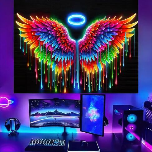 BlissYard Blacklight نسيج أجنحة الملاك ضوء أسود معلق خلفية متوهجة في الظلام ملصق فراشة جدار الأشعة فوق البنفسجية نسيج لغرفة النوم ديكور غرفة المعيشة العمل الفني غرفة المنزل ديكور خلفية الحفلات 78 × 59 بوصة in Kuwait