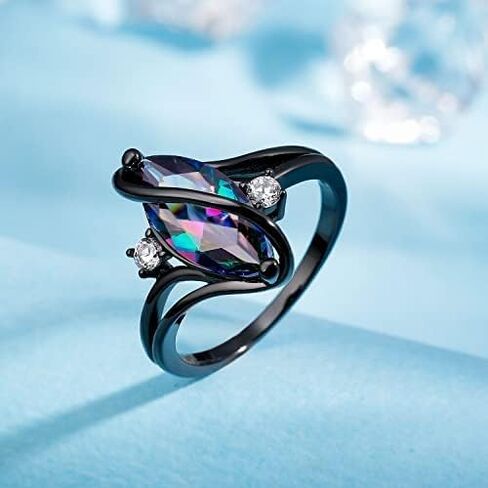 18K Black Gold Plated Rainbow CZ Marquise Rings for Women Cocktail Promise Eternity Band Party Birthday Gifts Fashion Jewelry in Saudi Arabia