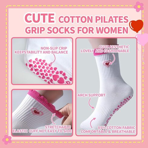 Pilates Grip Socks for Women, Yoga Grippy Sock Cute Heart Pattern Non-Slip Socks, Crew Sticky Socks for Yoga, Pilates, Barre, Gym Athletic, Dance in Saudi Arabia
