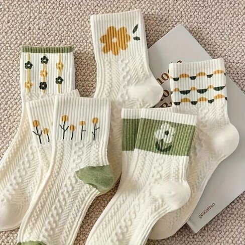 5-Pack Floral Print Ribbed Socks, Breathable and Comfortable Women's Mid-Calf Socks, Hand Wash, Polyester Material in Saudi Arabia