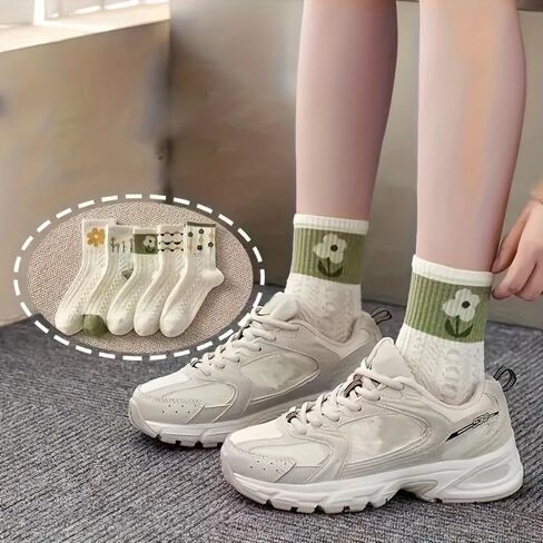 5-Pack Floral Print Ribbed Socks, Breathable and Comfortable Women's Mid-Calf Socks, Hand Wash, Polyester Material in Saudi Arabia