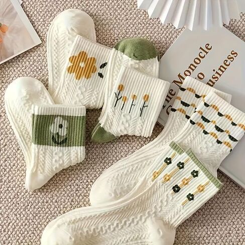5-Pack Floral Print Ribbed Socks, Breathable and Comfortable Women's Mid-Calf Socks, Hand Wash, Polyester Material in Saudi Arabia