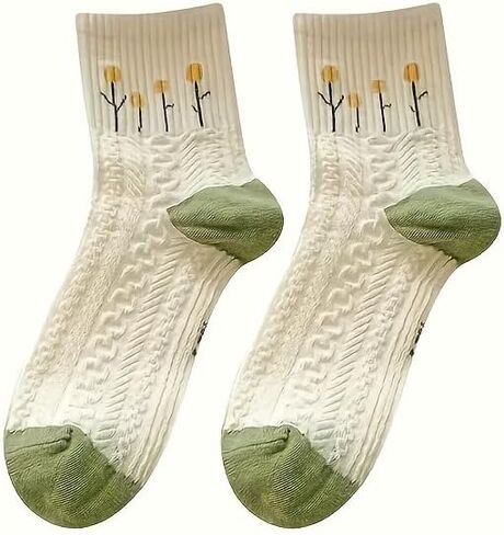 5-Pack Floral Print Ribbed Socks, Breathable and Comfortable Women's Mid-Calf Socks, Hand Wash, Polyester Material in Saudi Arabia