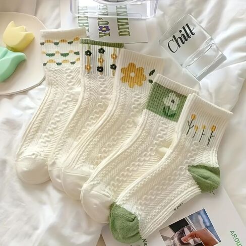 5-Pack Floral Print Ribbed Socks, Breathable and Comfortable Women's Mid-Calf Socks, Hand Wash, Polyester Material in Saudi Arabia