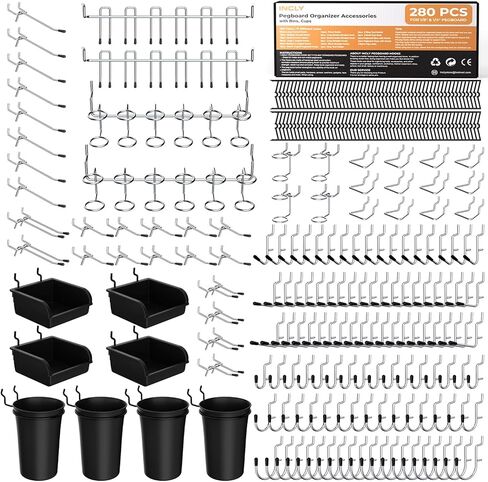 INCLY 330PCS Upgraded Pegboard Accessories Organizer Kit, Peg Board Hooks Assortment with Bins & Cups for Organizing Tools, Fit 1/8 or 1/4 inch Pegboard for Garage Workshop Wall Hanging Tools in Kuwait