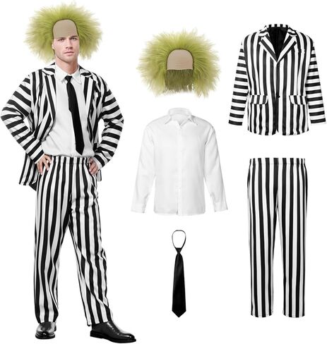 مجموعة Joyesplay مخططة باللونين الأسود والأبيض، سترة Beatle Juice Cosplay مع ربطة عنق لبنطلون شعر مستعار، أزياء الهالوين للبالغين in Saudi Arabia