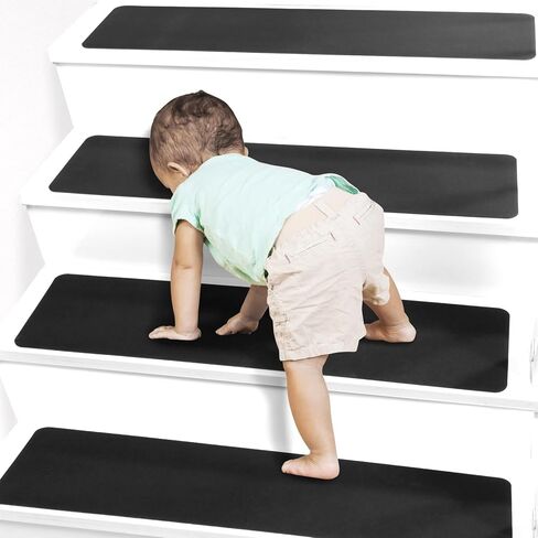 HOPEVIVA Carpet Stair Treads Non Slip for Wooden Stairs, Rubber Backed Indoor Stair Treads with Tech Fabric Surface, Anti Slip Stair Covers, 30" x 8", Set of 15, Black in Saudi Arabia