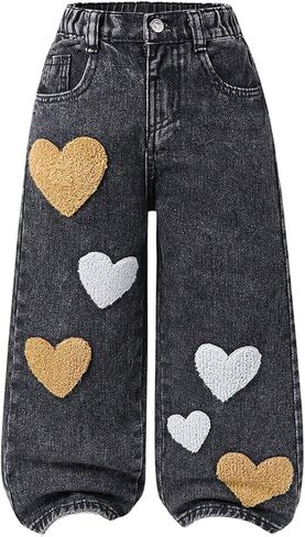 SOLY HUX Toddler Girl's Cute Heart Embroidery Jeans High Elastic Waist Wide Leg Denim Pants in Saudi Arabia