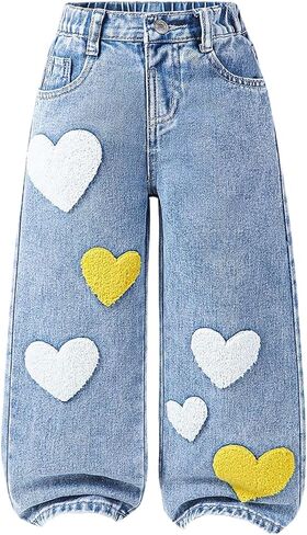 SOLY HUX Toddler Girl's Cute Heart Embroidery Jeans High Elastic Waist Wide Leg Denim Pants in Saudi Arabia