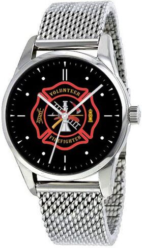 Military Time Volunteer Firefighter Emblem Watch with Large Polished Chrome Case and Adjustable Stainless Steel Mesh Band in Saudi Arabia