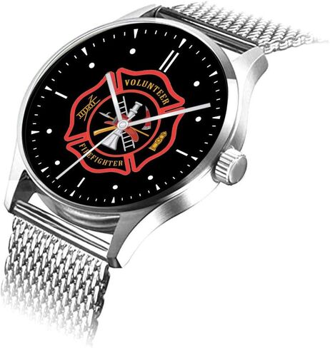 Military Time Volunteer Firefighter Emblem Watch with Large Polished Chrome Case and Adjustable Stainless Steel Mesh Band in Saudi Arabia