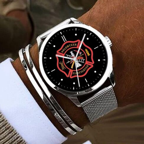Military Time Volunteer Firefighter Emblem Watch with Large Polished Chrome Case and Adjustable Stainless Steel Mesh Band in Saudi Arabia