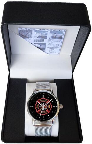 Military Time Volunteer Firefighter Emblem Watch with Large Polished Chrome Case and Adjustable Stainless Steel Mesh Band in Saudi Arabia