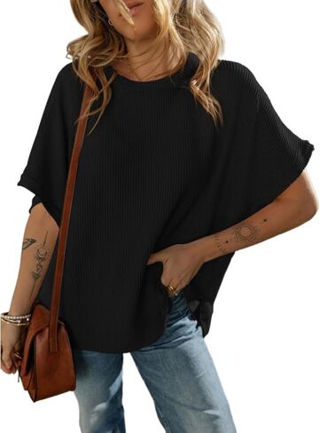 COMBEME Batwing Tops for Women Half Sleeve Loose Fit Tunic Tops Ribbed Knit Oversized Dolman Sleeve T Shirts in Saudi Arabia